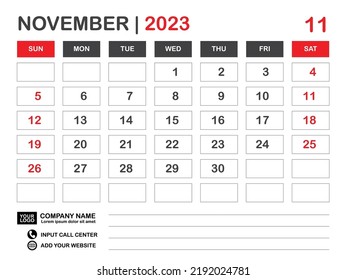 Calendar 2023 template, November 2023 layout, Desk calendar 2023 year, Wall calendar design, Week starts on sunday, Planner, Printing media, poster, organizer, advertisement, Red background, vector