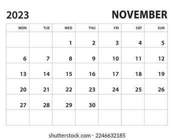Calendar 2023 template - November 2023 vector on white background, week start on monday, Desk calendar 2023 year, Wall calendar design, corporate planner template, clean style, horizontal template