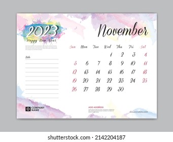 Calendar 2023 template on colorful watercolor background, November month design, Desk Calendar 2023 template, week start on sunday, Wall calendar creative idea, planner, stationery, Printing, vector