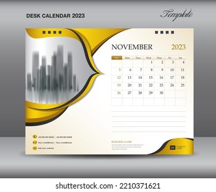 Calendar 2023 template on gold backgrounds luxurious concept, November 2023 template, Desk calendar 2023 design, Wall calendar template, planner, printing media, advertisement, vector