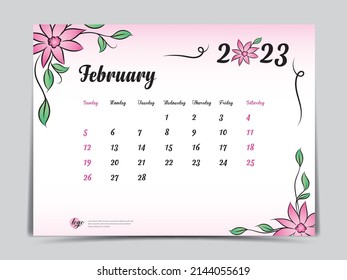 Calendar 2023 template on pink flowers background, February 2023 template, Monthly calendar planner artwork, Desk calendar 2023 design, Wall Calendar design, Poster, simple, vector eps10