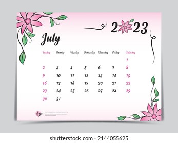 Calendar 2023 template on pink flowers background, July 2023 template, Monthly calendar planner artwork, Desk calendar 2023 design, Wall Calendar design, Poster, simple, vector eps10