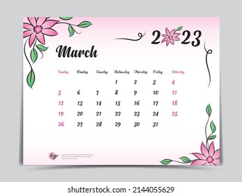 Calendar 2023 template on pink flowers background, March 2023 template, Monthly calendar planner artwork, Desk calendar 2023 design, Wall Calendar design, Poster, simple, vector eps10