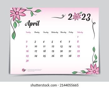 Calendar 2023 template on pink flowers background, April 2023 template, Monthly calendar planner artwork, Desk calendar 2023 design, Wall Calendar design, Poster, simple, vector eps10