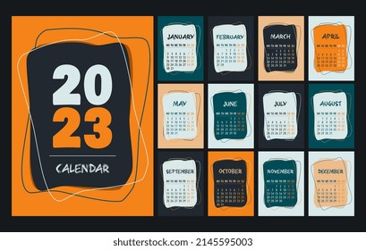 Calendar 2023 template, orange, green, peach, white and black desk calendar design. Week start On Monday, planner, stationery, wall calendar. Vector illustration