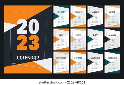 Calendario 2023 diseño de plantilla, naranja, verde, melocotón, blanco y negro. Comienza la semana El domingo, planificador, papelería, calendario de pared. Ilustración del vector