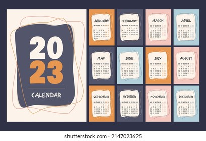 Calendar 2023 template, orange, pink, blue and white desk calendar design. Week start On Monday, planner, wall calendar. Vector illustration