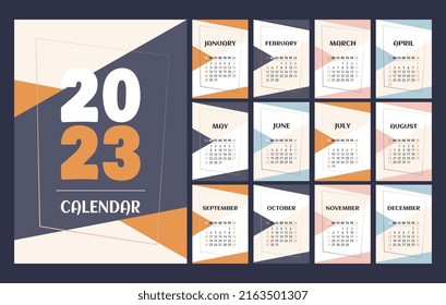 Calendar 2023 template, orange, pink, blue and white desk calendar design. Week start On Sunday, planner, wall calendar. Vector illustration
