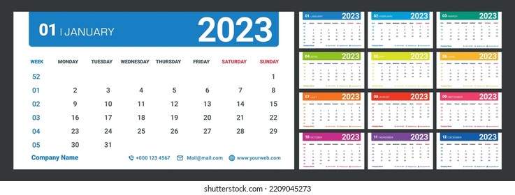 Calendario 2023 planificador de plantillas Vector calendario de año nuevo, estilo sencillo y colorido,Planificador de eventos de vacaciones,Diario de calendario anual de 12 meses