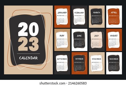 Calendar 2023 template, red, brown, beige, white and black desk calendar design. Week start On Monday, planner, wall calendar. Vector illustration