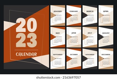 Calendar 2023 template, red, brown, beige, white and black desk calendar design. Week start On Sunday, planner, wall calendar. Vector illustration