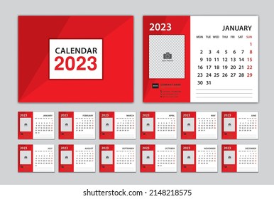 Calendar 2023 template and red cover design, Desk Calendar 2023 year, Set of 12 Months, planners, Week Starts on Monday, Wall calendar 2023 template, corporate planner, organization, printing, vector