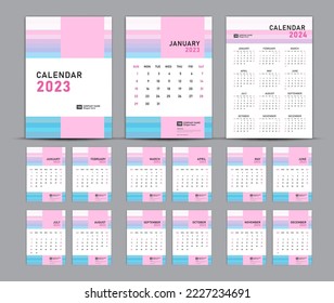 Calendar 2023 template set and 2024 year pastel concept, wall calendar 2023, Desk calendar 2023 set, cover design, Set of 12 Months, Week starts Sunday, Stationery, planner, printing media, poster