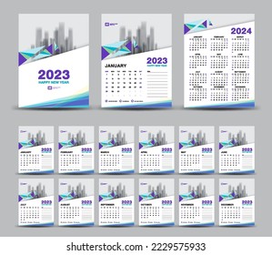 Calendario 2023 conjunto de plantillas y fondo mínimo de 2024 años, calendario de pared 2023, calendario de escritorio 2023 set, diseño de portada, conjunto de 12 meses, semana comienza domingo, diseño de estacionería, planificador, diseño de cubierta blanca