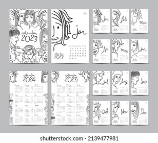 Calendar 2023 Template Set And Calendar 2024-2025 Year, Desk Calendar 2023 Design, Planner, Lettering, Hand Drawn Cartoon Hipster People Vector Can Be Used For, Postcard, Gift Card, Poster, Diary