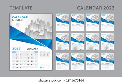 Calendar 2023 template, Set Desk Calendar design with Place for Photo and Company Logo. Wall calendar 2023. Week Starts on Sunday. Set of 12 Months. Blue polygon background
