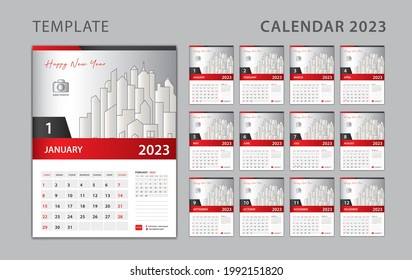 Plantilla de Calendario 2023, Diseño de calendario de escritorio con logotipo de Place for Photo y Company. Calendario de paredes 2023 año. La semana empieza el domingo. Conjunto de 12 meses. diseño de calendario creativo