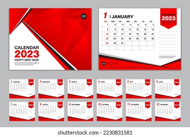 Calendar 2023 template set vector, Week starts Sunday, set of 12 month, Desk calendar 2023 year, wall calendar 2023, planner,  business template, Stationery, printing media, Red polygon background 