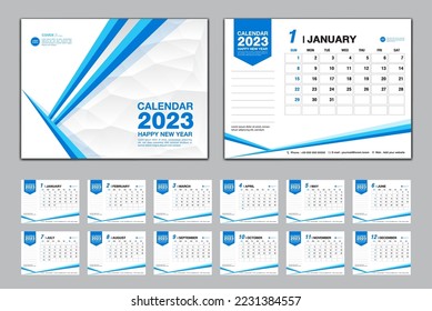 Calendar 2023 template set vector, Week starts Sunday, set of 12 month, Desk calendar 2023 year, wall calendar 2023, planner,  business template, Stationery, printing media, blue polygon background 