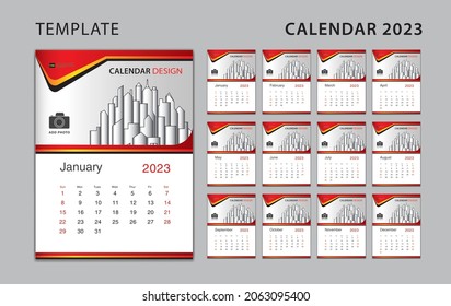 Calendar 2023 template set, Wall calendar 2023 design, Desk calendar template can be place for photo and company Logo, Week Starts on Sunday, Set of 12 Months, Poster, Planner, holiday event, vector