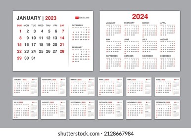 Calendario 2023 conjunto de plantillas y calendario de pared 2024 año, planificador sencillo, vector de estilo mínimo eps10