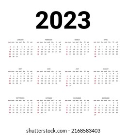 Calendar 2023 template. Traditionally calendar. Calendar starts sunday. Vector illustration.