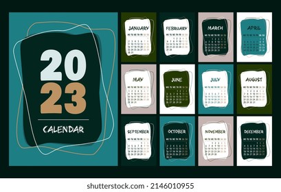 Calendar 2023 template, turquoise, green, gray, white and black desk calendar design. Week start On Monday, planner, wall calendar. Vector illustration