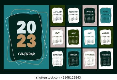 Calendar 2023 template, turquoise, green, gray, white and black desk calendar design. Week start On Sunday, planner, wall calendar. Vector illustration