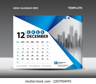 Calendar 2023 template vector- December 2023 year, Desk calendar 2023 design, Week starts Sunday, Planner, Stationery design, flyer design, Calendar printing design, Blue polygonal background concept