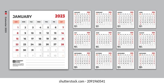 Calendar 2023 template vector, Desk Calendar 2023 design, Wall calendar, Week Starts on Sunday. Set of 12 Months, planner 2023 template, Printing media, advertisement