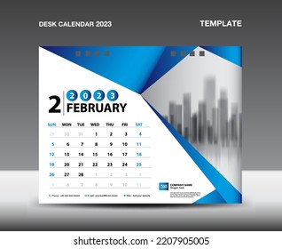 Calendar 2023 template vector- February 2023 year, Desk calendar 2023 design, Week starts Sunday, Planner, Stationery design, flyer design, Calendar printing design, Blue polygonal background concept