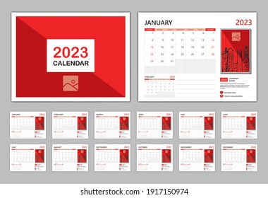 Calendar 2023 template vector, Happy new year 2023, Set Desk calendar 2023, Planner Modern style, Wall calendar design, Week start on Sunday, Set of 12 Months, Red cover design. organizer stationery 