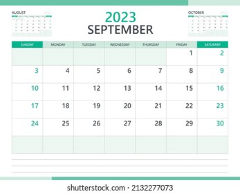 Calendar 2023 template vector on green background, September 2023 template, Planner, week start on Sunday,  Desk calendar 2023 design, minimal wall calendar, Corporate planner template vector