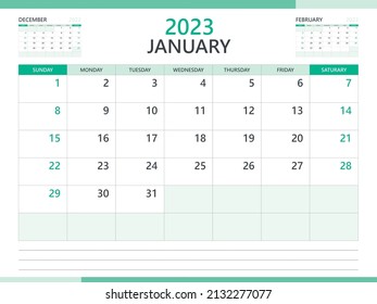Calendar 2023 template vector on green background, January 2023 template, Planner, week start on Sunday,  Desk calendar 2023 design, minimal wall calendar, Corporate planner template vector