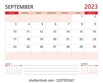 Calendar 2023 template vector on red background, September 2023 template, Planner, week start on Sunday,  Desk calendar 2023 design, minimal wall calendar, Corporate planner template vector