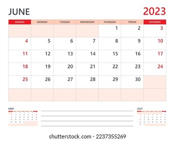 Calendar 2023 template vector on red background, June 2023 template, Planner, week start on Sunday,  Desk calendar 2023 design, minimal wall calendar, Corporate planner template vector