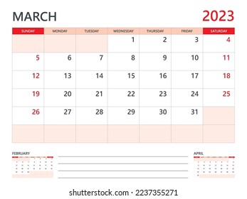 Calendar 2023 template vector on red background, March 2023 template, Planner, week start on Sunday,  Desk calendar 2023 design, minimal wall calendar, Corporate planner template vector