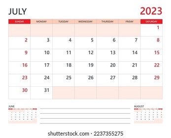 Calendario 2023 vector de plantilla sobre fondo rojo, plantilla de julio de 2023, Planner, inicio de semana el domingo, calendario de escritorio 2023 diseño, calendario de pared mínimo, vector de plantilla de planificador corporativo