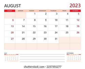 Calendar 2023 template vector on red background, August 2023 template, Planner, week start on Sunday,  Desk calendar 2023 design, minimal wall calendar, Corporate planner template vector
