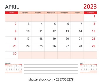Calendario 2023 vector de plantilla sobre fondo rojo, plantilla de abril de 2023, Planner, inicio de semana el domingo, calendario de escritorio 2023 diseño, calendario de pared mínimo, vector de plantilla de planificador corporativo