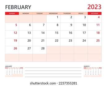 Calendar 2023 template vector on red background, February 2023 template, Planner, week start on Sunday,  Desk calendar 2023 design, minimal wall calendar, Corporate planner template vector