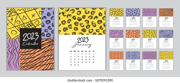 Calendar 2023 template vector, Set Desk calendar 2023, wall calendar design, Planner, Week start on Sunday, vertical layout, Set of 12 Months, cover design memphis style, vector illustration