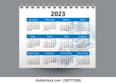 Calendar 2023 template vector, simple minimal design, Planner 2023 year, Blue calendar for 2023