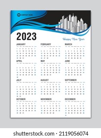 Calendar 2023 template, Wall Calendar 2023 Vector, Desk Calendar Design, Week Start On Sunday, Poster, Planner, Stationery, Printing, vertical artwork, Blue wave background concept