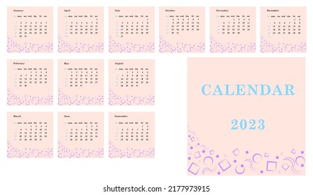 Calendar for 2023. Calendar template for the year. Decoration in a simple geometric style. Simple forms. Blue and pink color. Year of the rabbit.