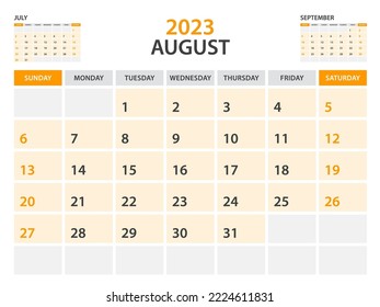 Calendar 2023 template-August 2023 year, monthly planner, Desk Calendar 2023 template, Wall calendar design, Week Start On Sunday, Stationery, printing, office organizer vector, orange background