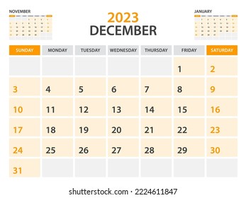 Calendar 2023 template-December 2023 year, monthly planner, Desk Calendar 2023 template, Wall calendar design, Week Start On Sunday, Stationery, printing, office organizer vector, orange background