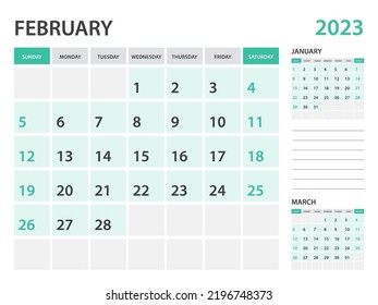 Calendar 2023 template-February 2023 year, monthly planner, Desk Calendar 2023 template, Wall calendar design, Week Start On Sunday, Stationery, printing, office organizer vector