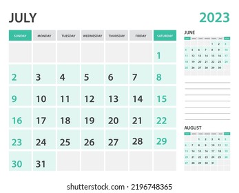 Calendar 2023 template-July 2023 year, monthly planner, Desk Calendar 2023 template, Wall calendar design, Week Start On Sunday, Stationery, printing, office organizer vector