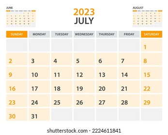 Calendar 2023 template-July 2023 year, monthly planner, Desk Calendar 2023 template, Wall calendar design, Week Start On Sunday, Stationery, printing, office organizer vector, orange background